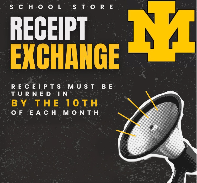Black background graphic with a large yellow and black Iron Mountain "IM" school logo and a megaphone icon. White and yellow text reads: "School Store Receipt Exchange. Receipts must be turned in by the 10th of each month."
